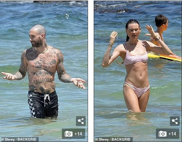 Hôm Chủ nhật (6/6, giờ địa phương), cánh săn ảnh bắt gặp vợ chồng Adam Levine và Behati Prinsloo tắm biển ở Maui, quần đảo Hawaii (Mỹ).