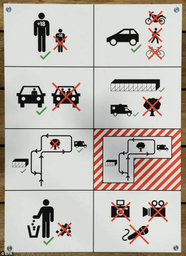 Những biển báo, hành vi được sử dụng ở khu tình dục này như cấm quay phim, chụp ảnh, ghi âm, vứt rác, dành cho người có ô tô hay người đủ 18 tuổi. Những biển báo, hành vi được xử dụng ở khu tình dục này như cấm quay phim, chụp ảnh, ghi âm, vứt rác, dành cho người có ô tô hay người đủ 18 tuổi