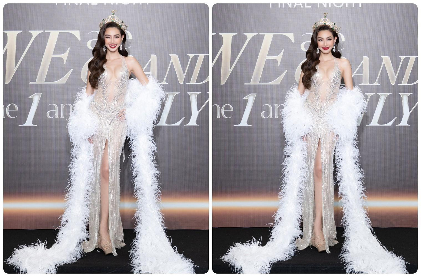 Hoa hậu Nguyễn Thúc Thùy Tiên diện thiết kế cắt xẻ quen thuộc kèm khăn choàng lông thêm phần kiêu sa, quyến rũ. Miss Grand Vietnam tìm ra đại diện mới tiếp nối Thùy Tiên tham dự đấu trường Miss Grand International 2022. Ít giờ nữa, Thùy Tiên có màn final walk và chia sẻ cảm xúc trước khi kết thúc nhiệm kỳ của mình ở Việt Nam.