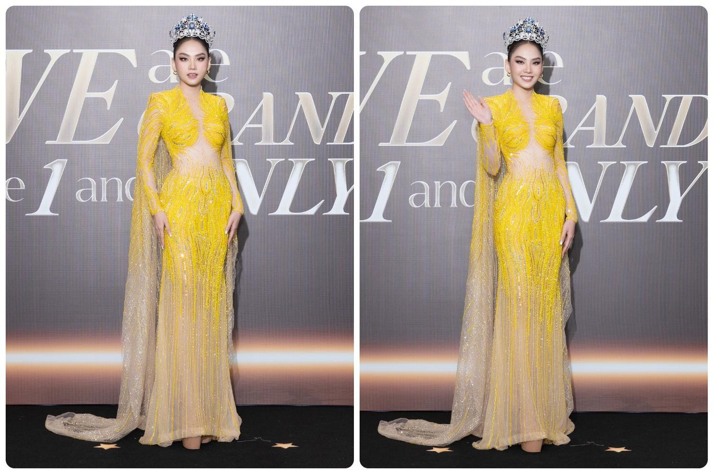 Hoa hậu Huỳnh Nguyễn Mai Phương chọn chiếc đầm dạ hội màu vàng nổi bật. Sau khi đăng quang, cô tích cực tham gia các hoạt động thiện nguyện. Cô thậm chí đấu giá vương miện Miss World Vietnam để làm từ thiện. Cuối năm nay, Mai Phương lên đường tham gia cuộc thi Miss World 2022. Năm nay cũng là dịp đánh dấu tròn 20 năm nhan sắc Việt chính thức hội nhập với sân chơi Hoa hậu thế giới.