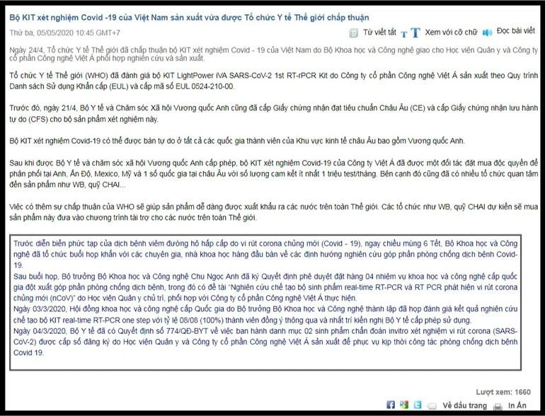 Bài viết giới thiệu bộ kit test của Việt Á được Tổ chức Y tế Thế giới chấp thuận trước khi bị gỡ (Ảnh chụp màn hình). Bài viết giới thiệu bộ kit test của Việt Á được Tổ chức Y tế Thế giới chấp thuận trước khi bị gỡ (Ảnh chụp màn hình).