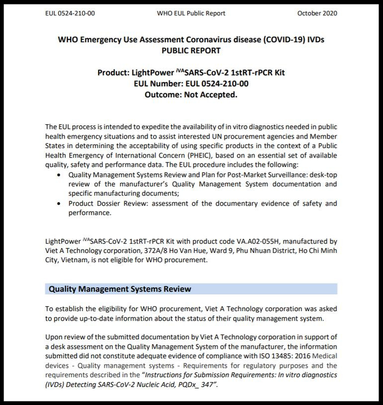 Văn bản được WHO công bố vào tháng 10/2020, khẳng định kit test của Việt Á chưa được tổ chức này chấp thuận. Văn bản được WHO công bố vào tháng 10/2020, khẳng định kit test của Việt Á chưa được tổ chức này chấp thuận.