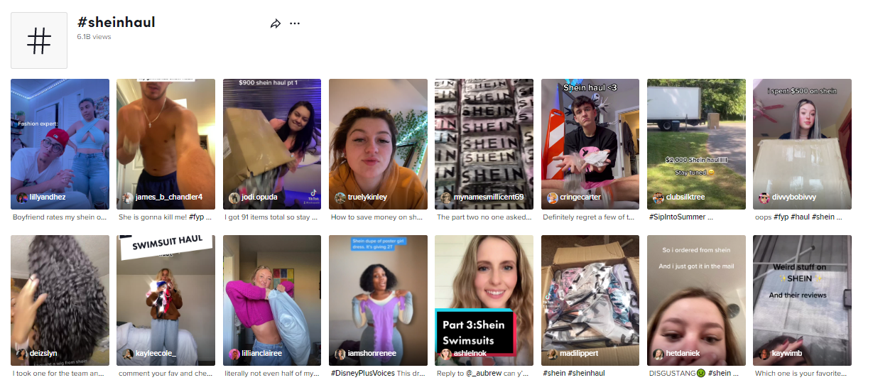 Nội dung khui đồ mua sắm hàng loạt các món đồ thời trang nhanh giá rẻ thu hút lượt người xem khổng lồ trên nền tảng Tiktok - 6,1 tỷ thành công giúp Shein vươn lên thống lĩnh thị trường.
