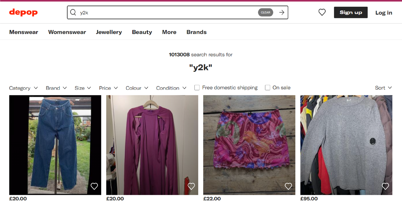 Từ khóa “y2k” nhận về hơn 1 triệu sản phẩm bày bán tại chợ đồ cũ Depop. Từ khóa “y2k” nhận về hơn 1 triệu sản phẩm bày bán tại chợ đồ cũ Depop.