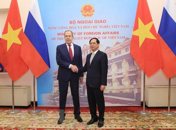 Bộ trưởng Ngoại giao Bùi Thanh Sơn chụp ảnh chung với Bộ trưởng Ngoại giao Nga Sergey Lavrov. (Ảnh: Lâm Khánh/TTXVN)