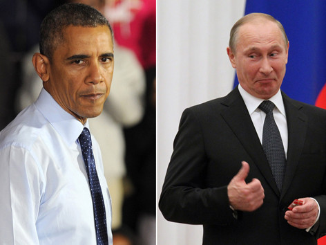 Hình ảnh được cho là ông Putin (bên phải) giễu cợt nước Mỹ khi cho Snowden tị nạn ở Nga