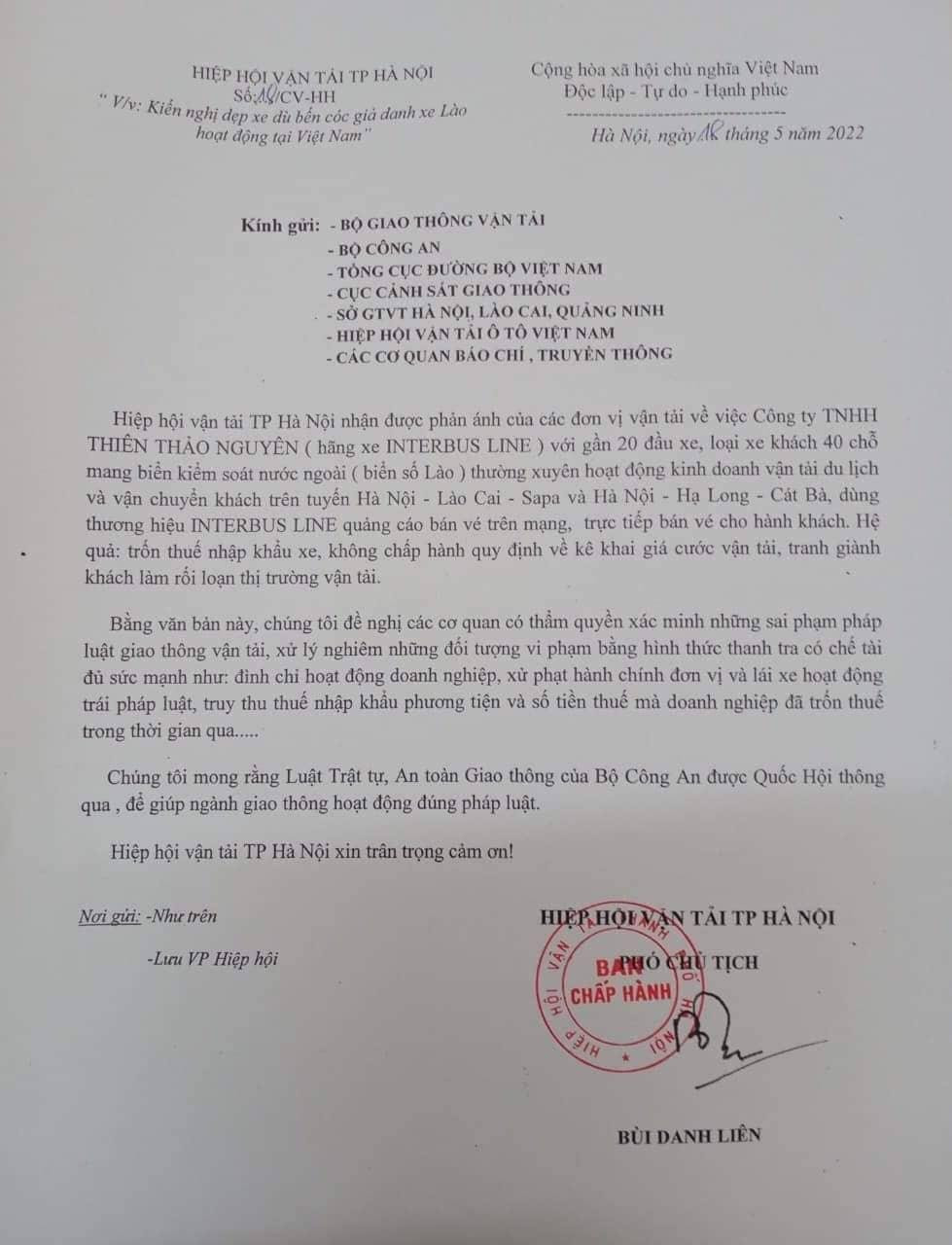 Văn bản kiến nghị của Hiệp hội Vận tải Hà Nội. Văn bản kiến nghị của Hiệp hội Vận tải Hà Nội.