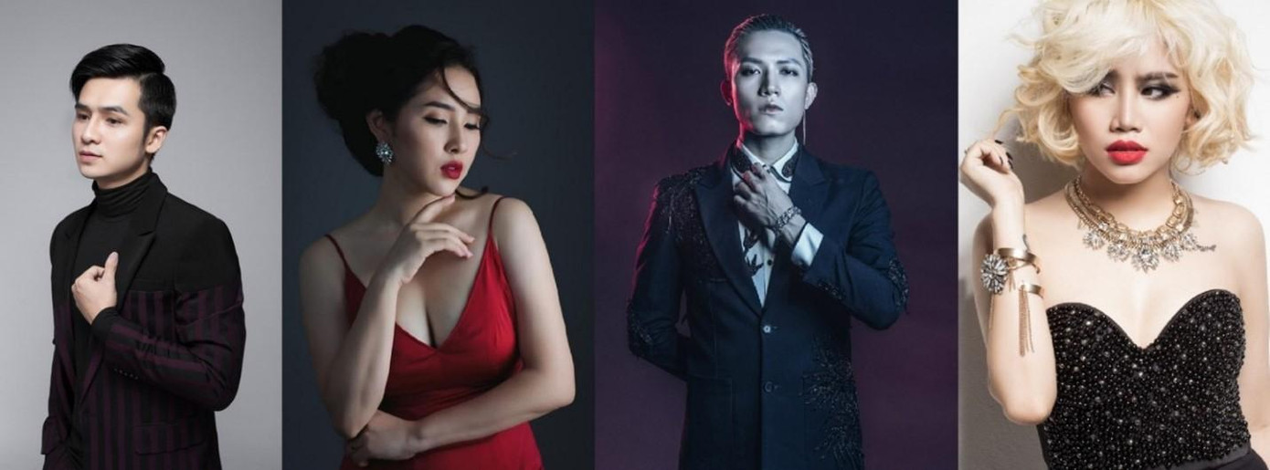 Đêm nhạc “Hương sắc mùa hè” quy tụ sự góp mặt của nhiều giọng ca trẻ nổi tiếng. Từ trái qua: Hà Anh, Bảo Trâm, Anh Tú, Yến Lê