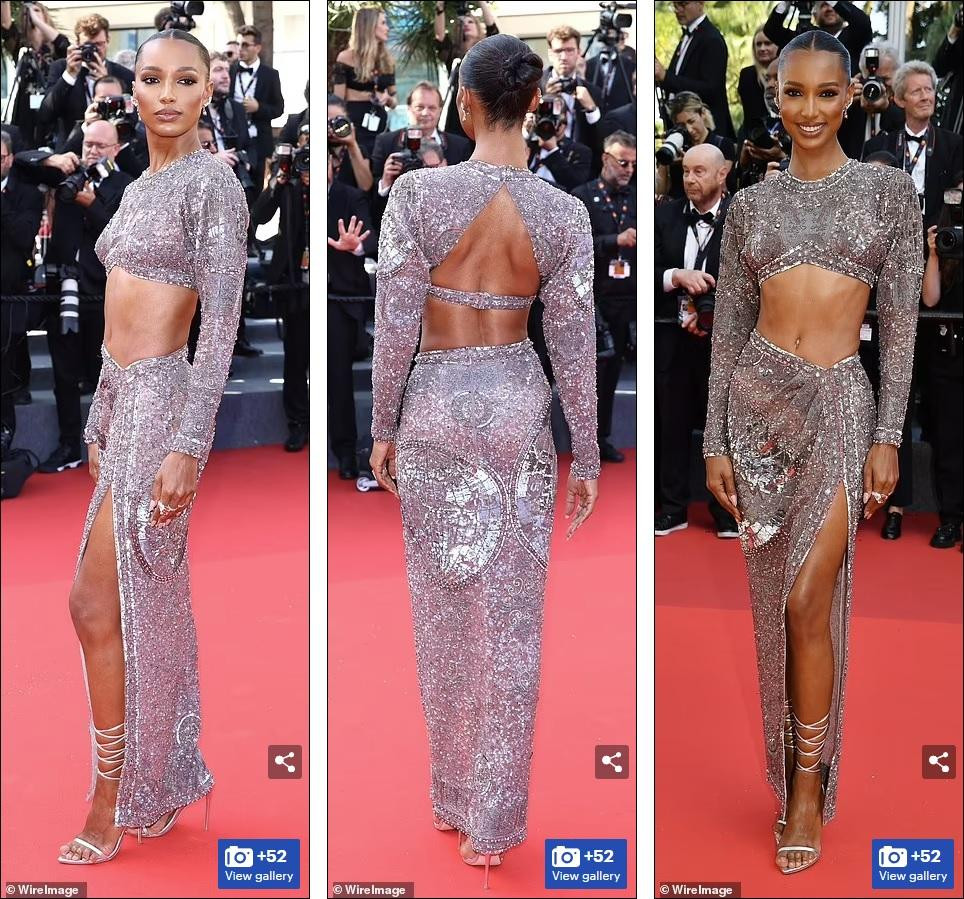 Cựu thiên thần nội y Jasmine Tookes khoe cơ bụng đáng ghen tị trong set váy hai mảnh xẻ tà màu tím lấp lánh.