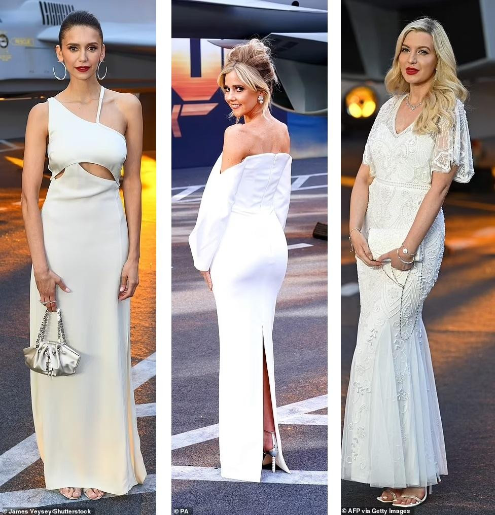 Từ trái qua phải: Ngôi sao &quot;Nhật ký ma cà rồng&quot; Nina Dobrev, ca/nhạc sĩ Charlotte Awbery và MC Victoria Brown đều chọn váy trắng thanh lịch.