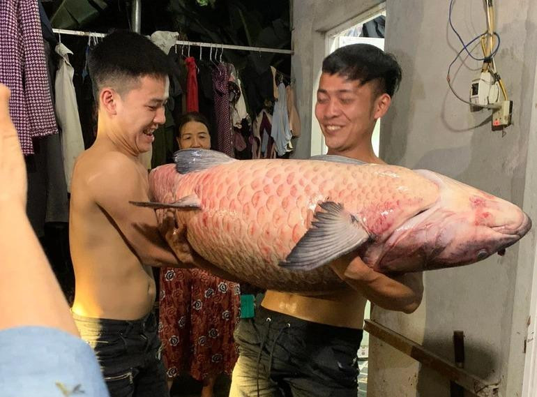 Gia đình anh Đức bán con cá trắm đen cho một vị khách trên Lào Cai với giá 8 triệu đồng. Ảnh: NVCC