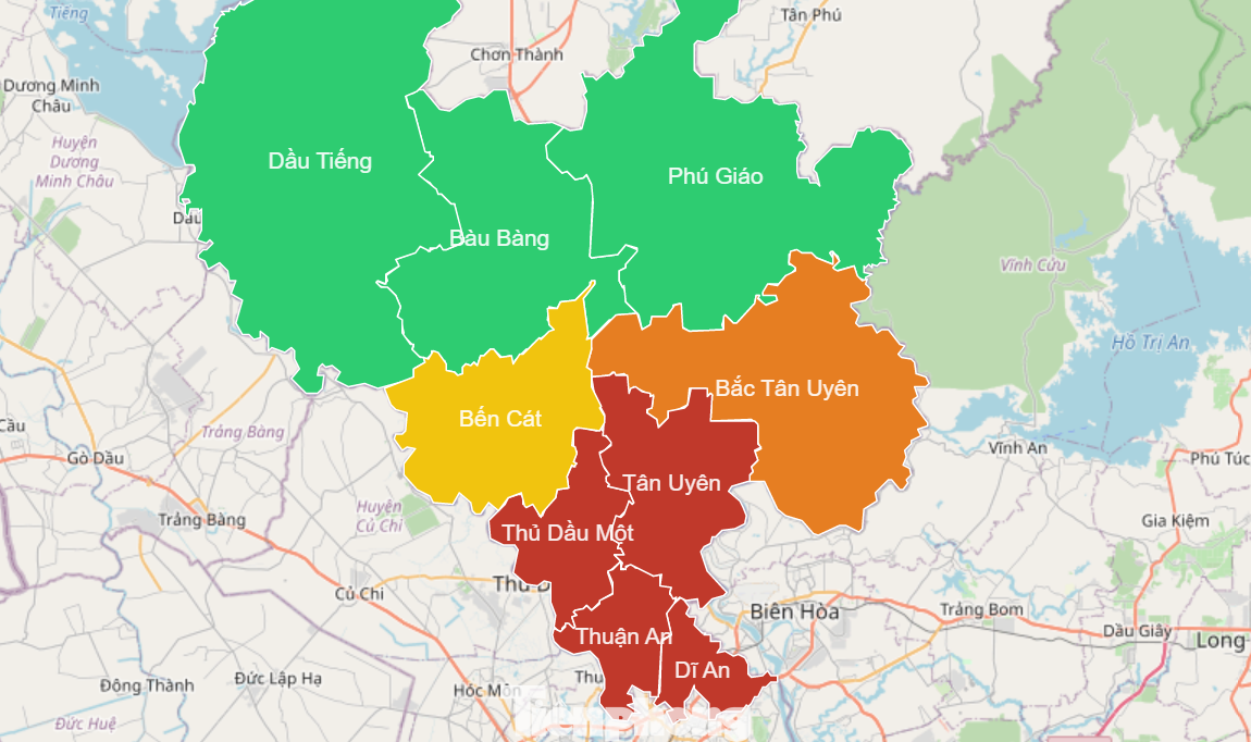 Các địa phương ở Bình Dương chia vùng theo màu xanh, vàng, cam, đỏ Các địa phương ở Bình Dương chia vùng theo màu xanh, vàng, cam, đỏ