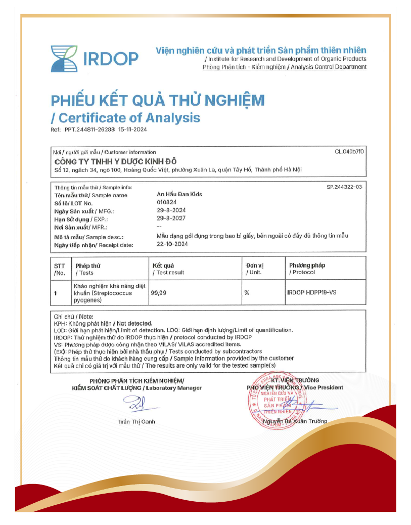 Kết quả khảo nghiệm khả năng diệt khuẩn Streptococcus Pyogenes của siro An Hầu Đan Kids