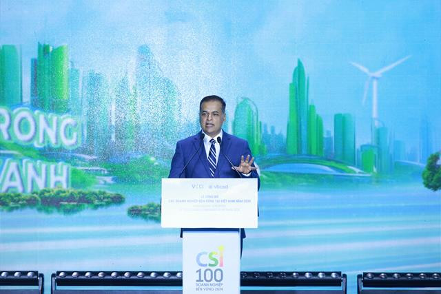 Ông Binu Jacob, Đồng chủ tịch VBCSD, Tổng Giám đốc Nestlé Việt Nam phát biểu tại lễ trao giải CSI100 2024 Ông Binu Jacob, Đồng chủ tịch VBCSD, Tổng Giám đốc Nestlé Việt Nam phát biểu tại lễ trao giải CSI100 2024