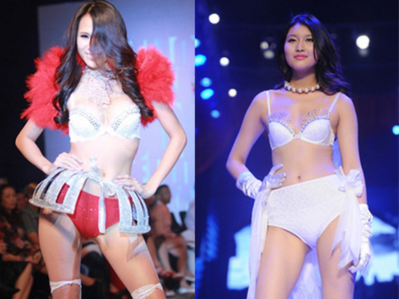 Trang phục nội y trong show Model Look 2011 (trái) và trong Đêm hội chân dài 7 do công ty Venus của Vũ Khắc Tiệp tổ chức. Trang phục nội y trong show Model Look 2011 (trái) và trong Đêm hội chân dài 7 do công ty Venus của Vũ Khắc Tiệp tổ chức