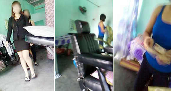 Chủ quán D.H trong trang phục như nhân viên công sở ra mời khách. Nữ nhân viên chuẩn bị “đồ nghề” phục vụ khách. Nhận tiền vé 