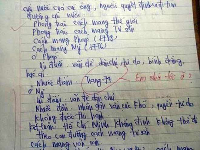 Đây là bài kiểm tra của trường Học viện Tài chính (Hà Nội). Không biết vì vô tình hay cố ý mà sinh viên đã ghi phần nhược điểm của Cách mạng tư sản Pháp (1789) là số trang sách giáo khoa để giáo viên tự dò. Đáp lại, giáo viên cũng có phần nhận xét hài hước 