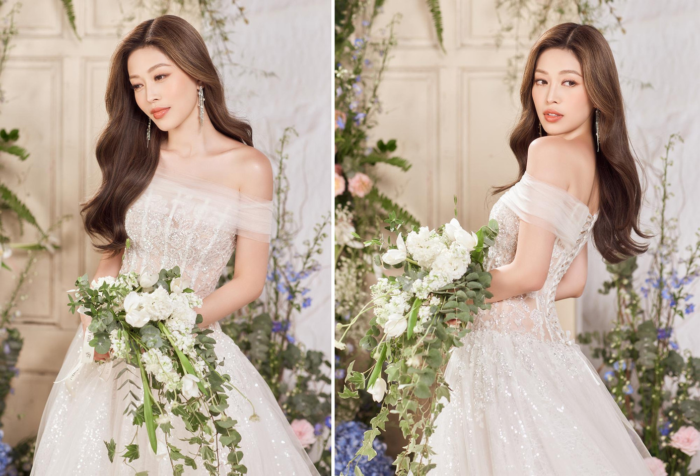 Cô dâu Phương Nga khoe vai trần quyến rũ với váy cưới trắng. Những ngày này, Phương Nga tất bật chuẩn bị những khâu cuối cùng cho hôn lễ.