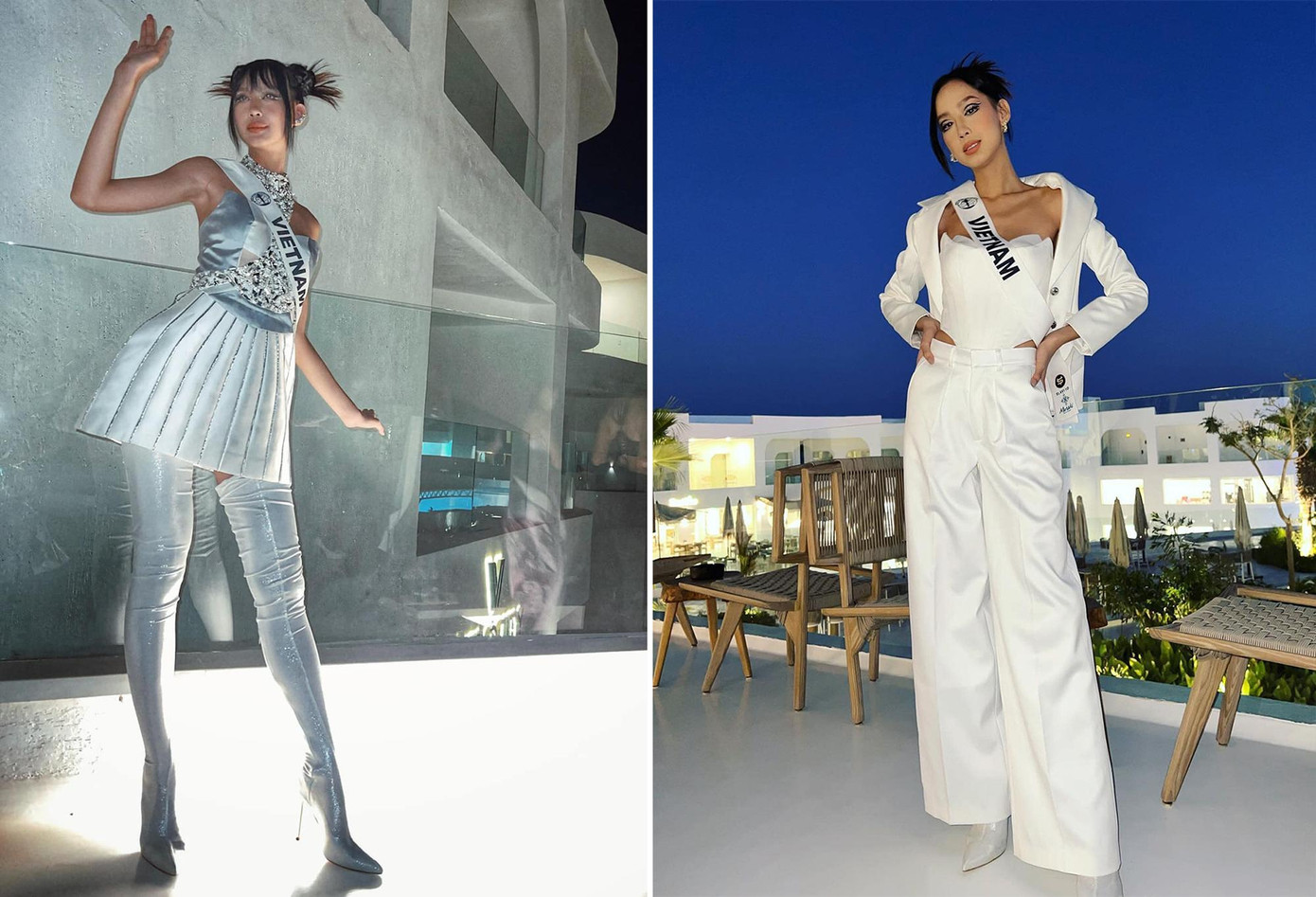 Người đẹp Việt Nam cũng mạnh dạn mang tới cuộc thi những phong cách trang điểm cùng váy áo độc, lạ. Ngày 8/10, cô tham dự buổi tiệc tối với chủ đề Futuristic - Tương lai (ảnh trái). Bảo Ngọc diện bộ váy tông màu bạc, làm tóc và trang điểm lạ mắt. Trước đó, khi tham quan bảo tàng Sharm El Sheikh hôm 3/10, Bảo Ngọc vẽ mắt theo phong cách nữ hoàng Ai Cập. Các fan trong nước cho rằng cách make-up lạ lẫm này không phù hợp với Bảo Ngọc. Nhưng trên trang cá nhân, Bảo Ngọc cho biết các thí sinh và ban giám khảo thích thú với diện mạo của cô.