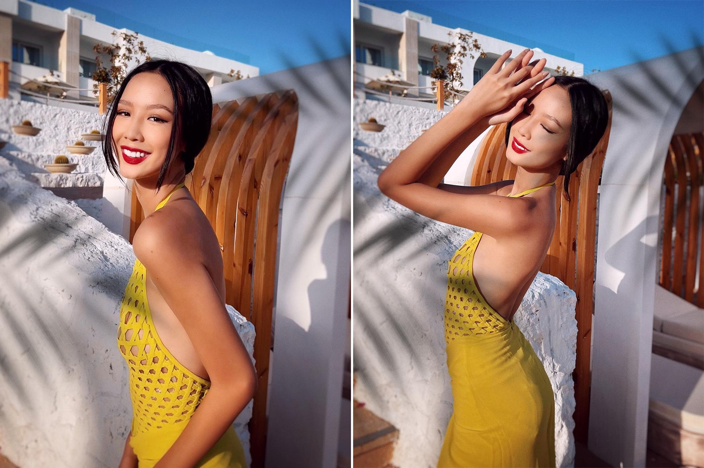 Ngày 6/10, đại diện Việt Nam diện bộ váy vàng kiểu cổ yếm dạng lưới, khoe lưng trần gợi cảm. Trong những ngày dự thi, cô liên tục thay đổi phong cách trang điểm, làm tóc để hình ảnh đa dạng hơn.