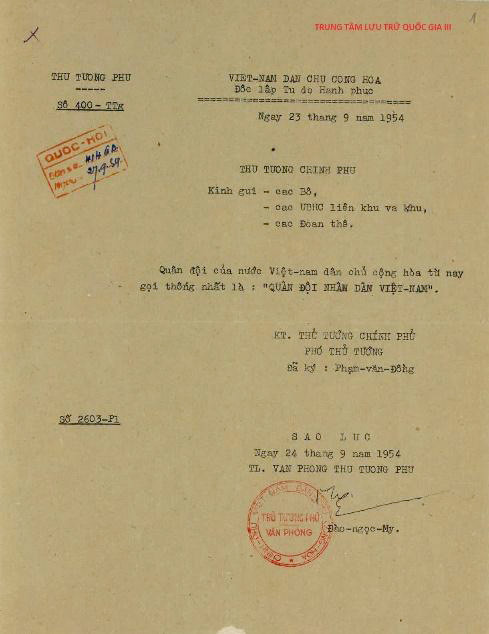 Công văn số 400 -TTg (ngày 23/9/1954) của Thủ tướng Phạm Văn Đồng về việc gọi tên Quân đội của nước Việt Nam Dân chủ cộng hòa từ nay thống nhất là “Quân đội nhân dân Việt Nam” Công văn số 400 -TTg (ngày 23/9/1954) của Thủ tướng Phạm Văn Đồng về việc gọi tên Quân đội của nước Việt Nam Dân chủ cộng hòa từ nay thống nhất là “Quân đội nhân dân Việt Nam”
