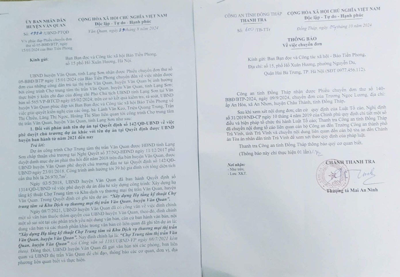 Một số văn bản trả lời báo Tiền Phong của các cơ quan chức năng