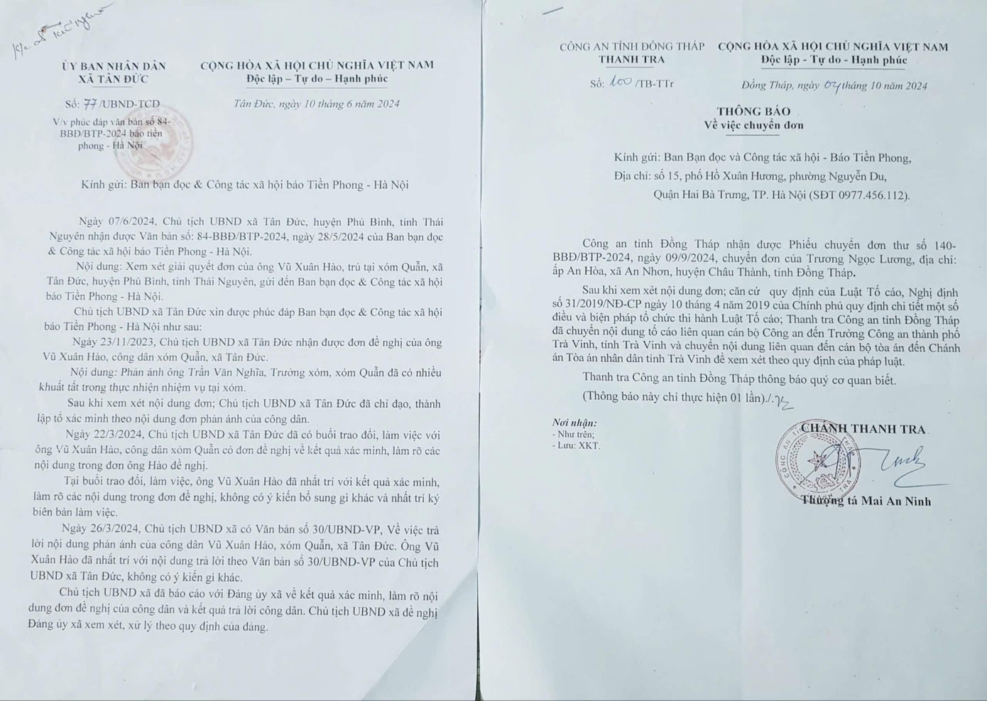 Một số văn bản trả lời báo Tiền Phong của các cơ quan chức năng Một số văn bản trả lời báo Tiền Phong của các cơ quan chức năng