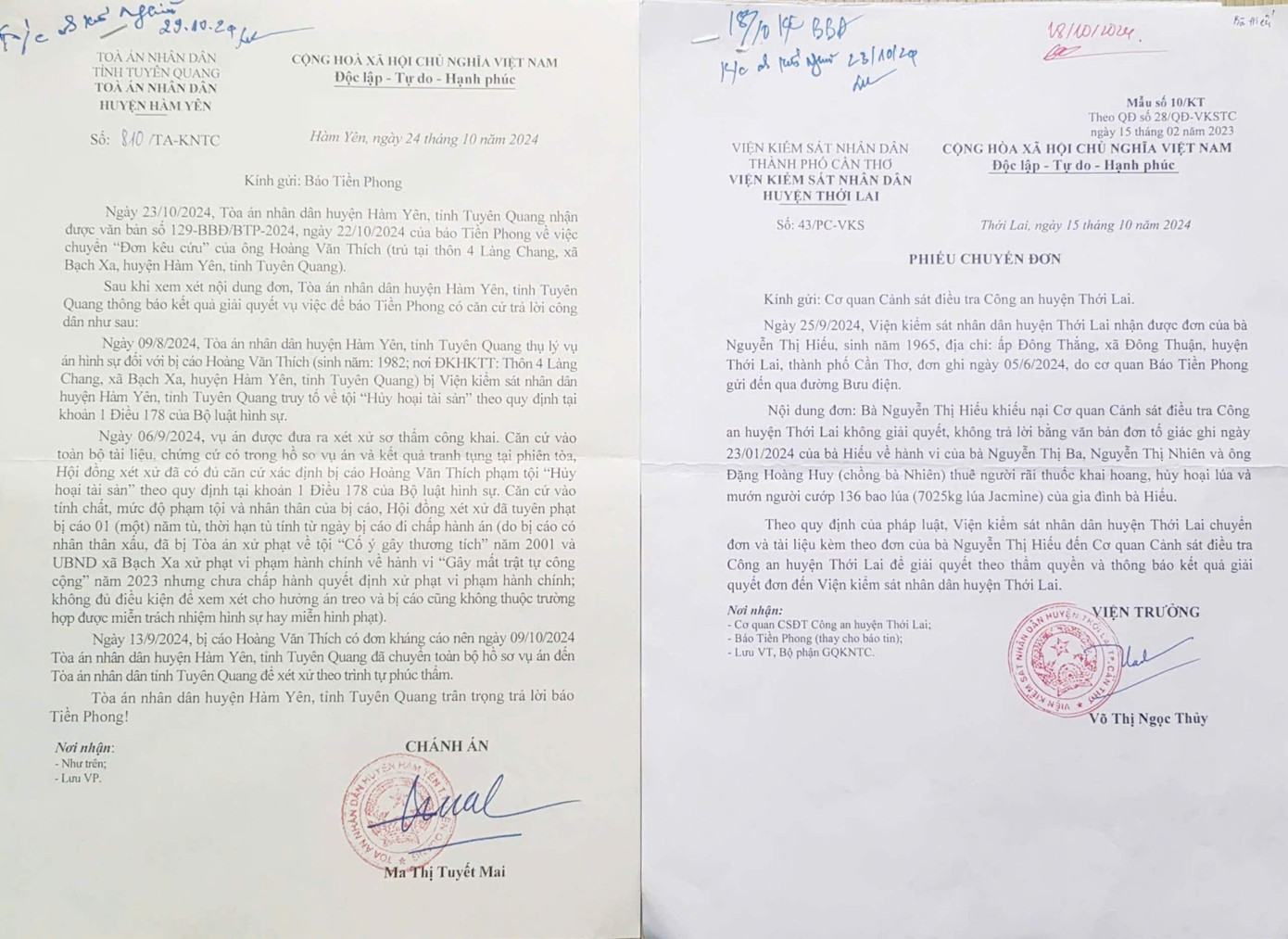 Một số văn bản trả lời báo Tiền Phong của các cơ quan chức năng