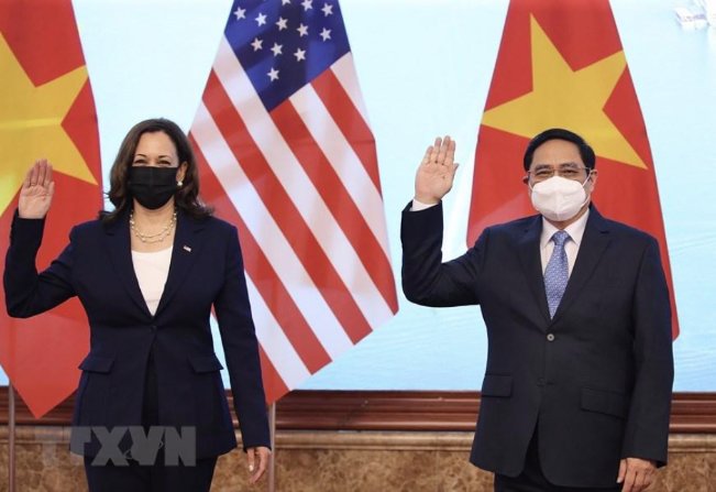 Thủ tướng Phạm Minh Chính trong cuộc tiếp Phó Tổng thống Mỹ Kamala Harris sáng 25/8. (Ảnh: TTXVN)