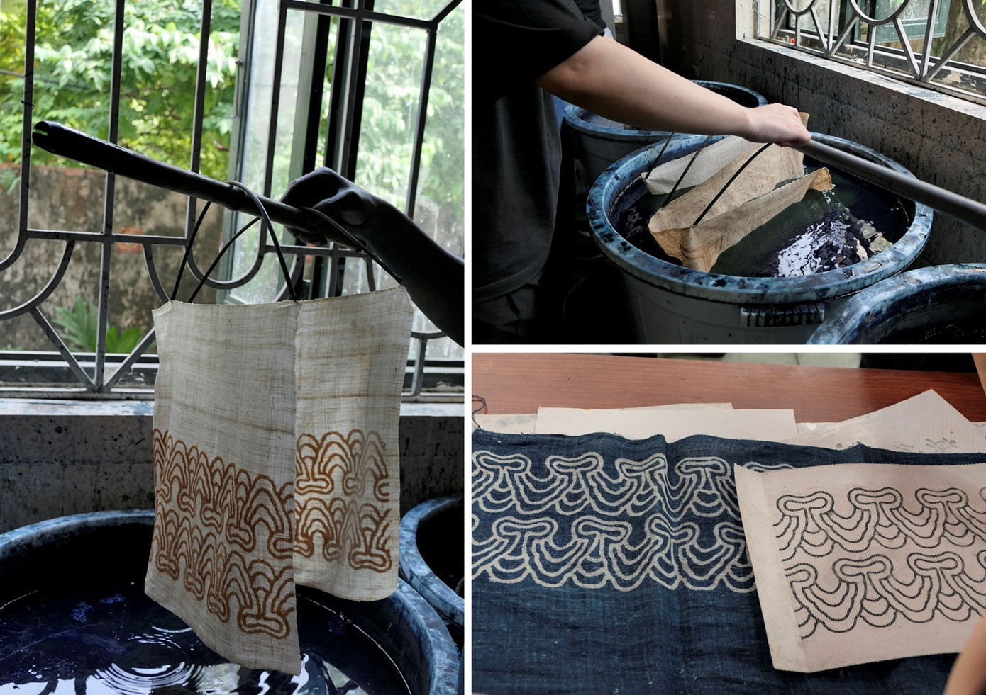 Nhóm sinh viên tìm hiểu về nghệ thuật nhuộm chàm tại Đu Đủ Indigo ở Hà Nội, nơi các nghệ sĩ đã cải tiến kỹ thuật nhuộm Katazome của Nhật Bản bằng cách sử dụng bột gạo nếp và cám gạo có nguồn gốc địa phương. (Hình: Bùi Hoàng Tiến Dũng) Nhóm sinh viên tìm hiểu về nghệ thuật nhuộm chàm tại Đu Đủ Indigo ở Hà Nội, nơi các nghệ sĩ đã cải tiến kỹ thuật nhuộm Katazome của Nhật Bản bằng cách sử dụng bột gạo nếp và cám gạo có nguồn gốc địa phương. (Hình: Bùi Hoàng Tiến Dũng)