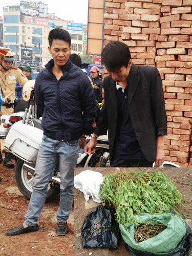 Đạt (trái), Chiến (phải) cùng số hoa anh túc bị công an thu giữ. Đạt (trái), Chiến (phải) cùng số hoa anh túc bị công an thu giữ