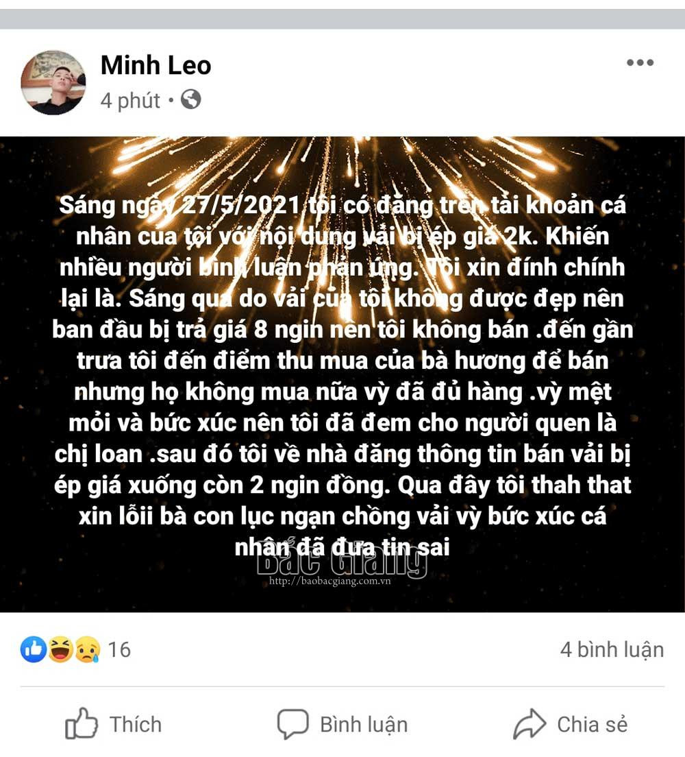 Anh Leo Văn M. đã đăng tin đính chính. Ảnh Công an Bắc Giang.