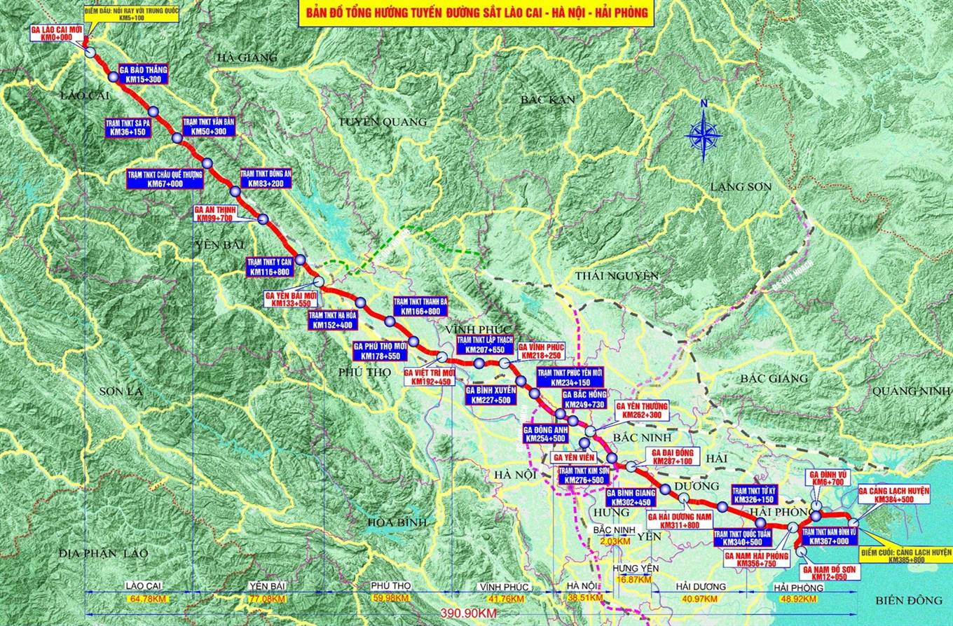 Bản đồ tổng hướng tuyến đường sắt Lào Cai - Hà Nội - Hải Phòng.