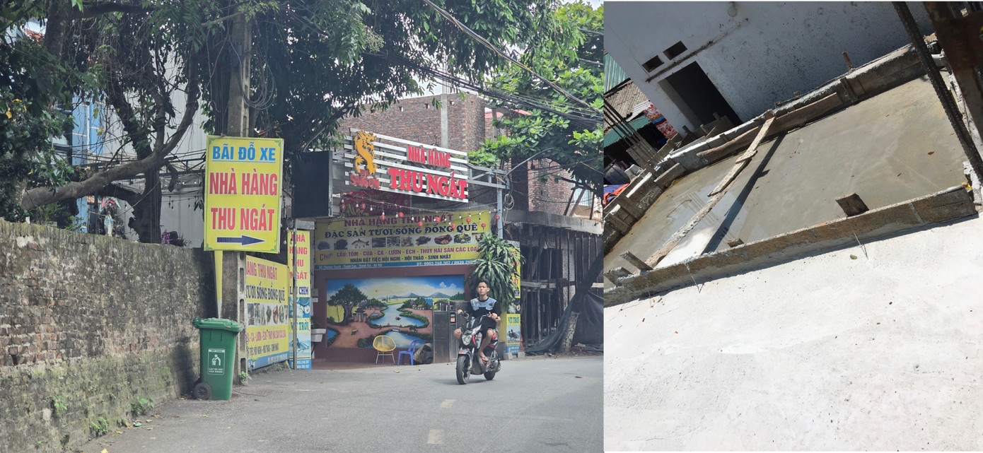 Hộ ông Nguyễn Bá Thu đang sử dụng 504m2 với 3 khu nhà cao tầng liền kề nhau để hoạt động nhà hàng. Và công trình đang xây dựng trái phép trên đất lấn chiếm