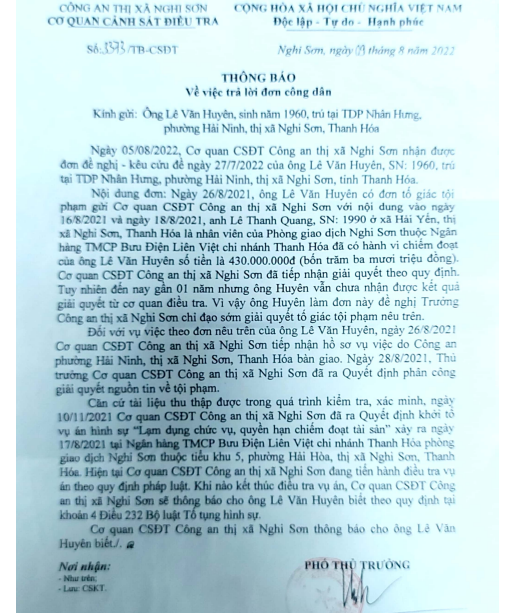 Văn bản trả lời ông Huyên của công an Thị xã Nghi Sơn