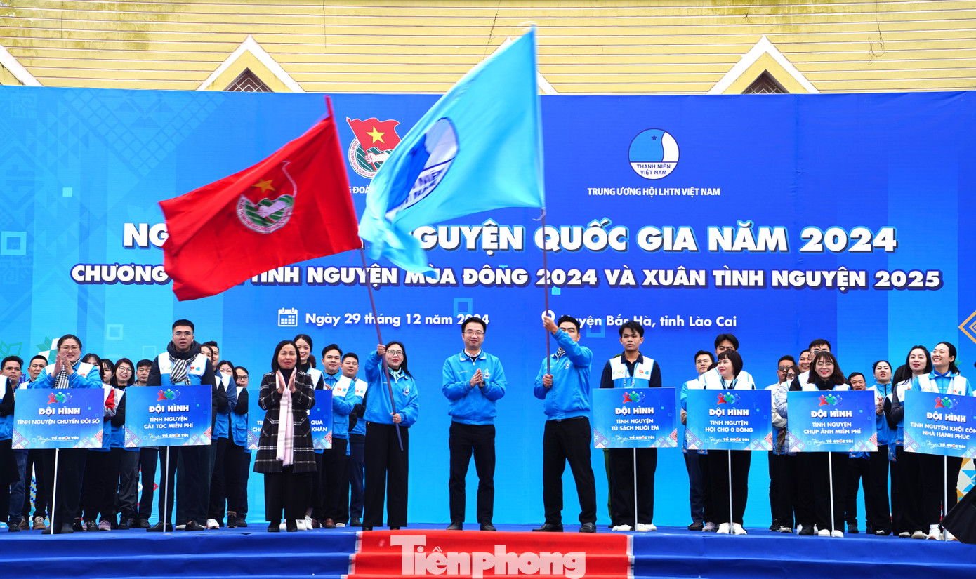 Anh Nguyễn Tường Lâm - Bí thư BCH Trung ương Đoàn, Chủ tịch Hội Liên hiệp thanh niên Việt Nam, Phó Chủ nhiệm thường trực Ủy ban Quốc gia về Thanh niên Việt Nam thực hiện nghi thức xuất quân trao cờ cho các đội hình tình nguyện.