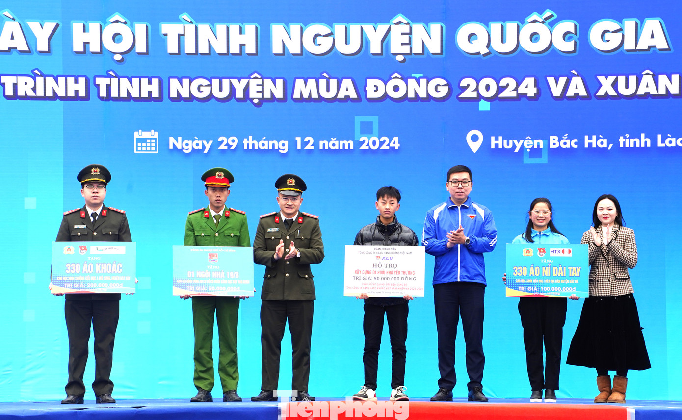 Thiếu tá Đậu Bá Tuấn - Phó Trưởng ban Thanh niên CAND trao biển tượng trưng hỗ trợ các công trình thanh niên trị giá 600 triệu đồng cho Tỉnh đoàn – Hội LHTN Việt Nam tỉnh Lào Cai/