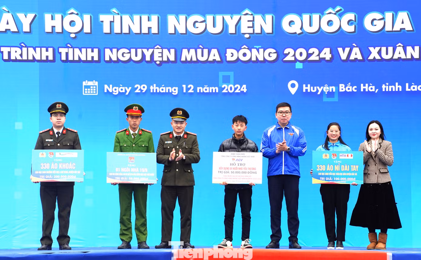 Thiếu tá Đậu Bá Tuấn - Phó Trưởng ban Thanh niên CAND trao biển tượng trưng hỗ trợ các công trình thanh niên trị giá 600 triệu đồng cho Tỉnh đoàn – Hội LHTN Việt Nam tỉnh Lào Cai/