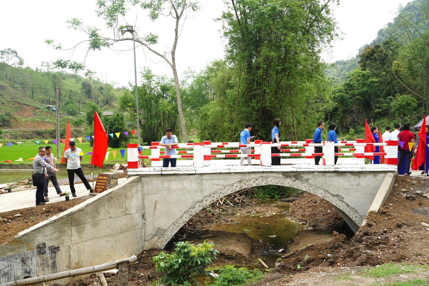 Cầu dân sinh này được Công ty TNHH Phát triển Công nghệ điện tử Bình Anh (BA GPS) tài trợ chính với kinh phí 250 triệu đồng và anh Đinh Xuân Lực (một cá nhân tại Bắc Ninh) 50 triệu đồng. Cầu được thiết kế dạng cầu vòm bằng bê tông cốt thép, có tải trọng trên 10 tấn. Công trình cũng bao gồm hạng mục đường dẫn và đèn chiếu sáng bằng năng lượng mặt trời ở hai đầu cầu.