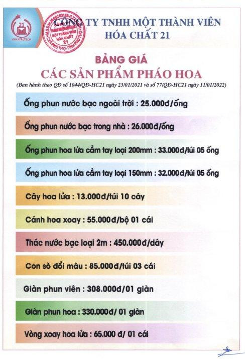 Bảng giá bán pháo hoa. Ảnh 21chemical.vn