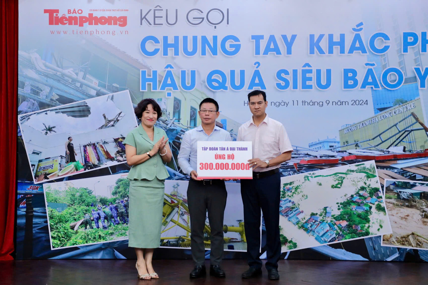 Ông Phạm Minh Đức, PTGĐ Tập đoàn Tân Á Đại Thành trao quà ủng hộ.