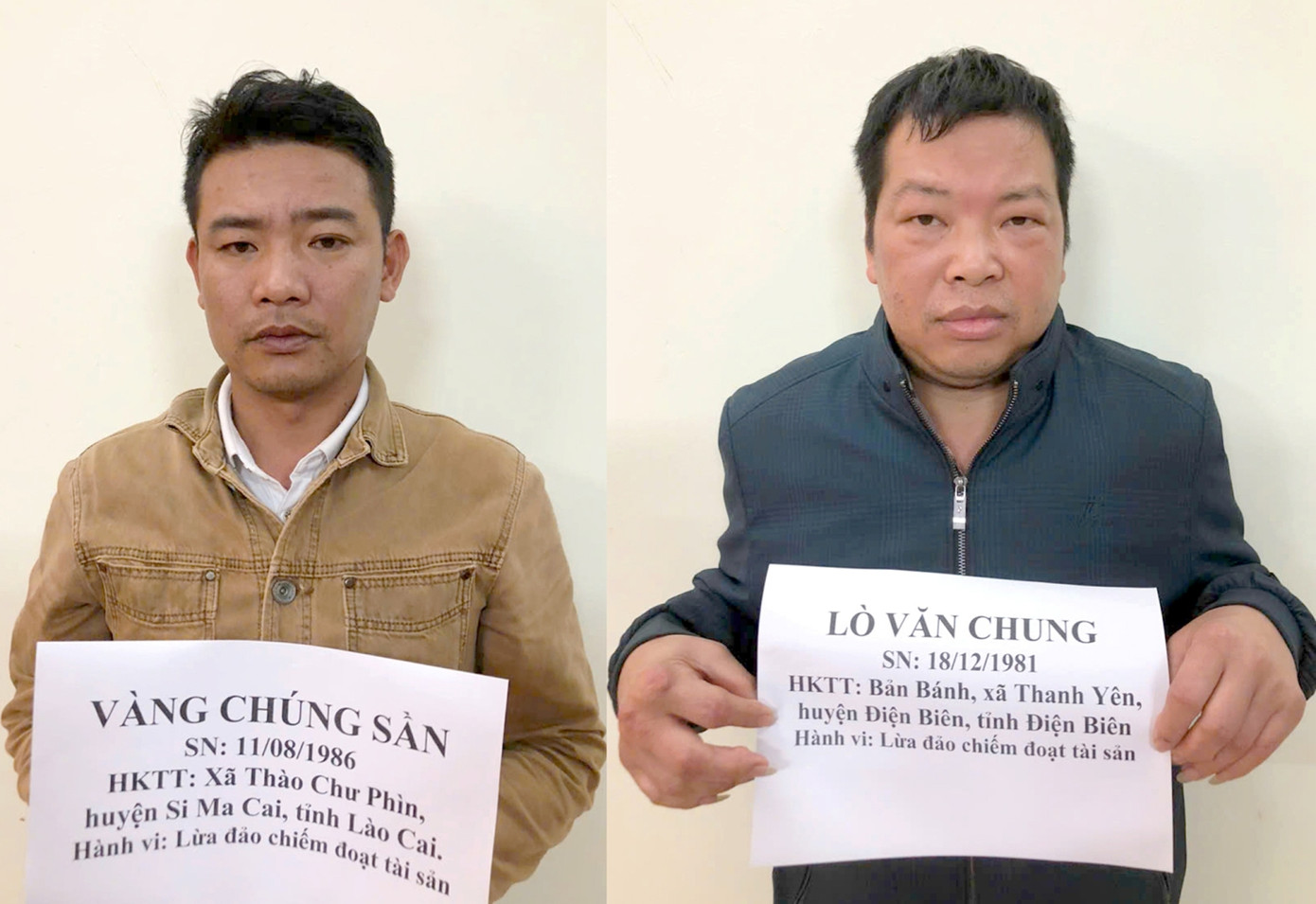 Hai đối tượng lừa đảo Vàng Chúng Sần và Lò Văn Chung. Ảnh Công an tỉnh Điện Biên Hai đối tượng lừa đảo Vàng Chúng Sần và Lò Văn Chung. Ảnh Công an tỉnh Điện Biên
