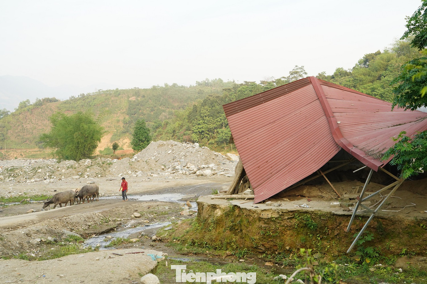 Dọc các thôn Phố Mới 1, 2 đến thôn Phan Hồ, xã Trịnh Tường, khắp cánh đồng, bờ suối bao phủ chỉ toàn là những tảng đá lớn nhỏ. Trong ảnh: Ngôi nhà của các hộ dân sống gần ven suối bị vùi lấp, phá hủy vẫn chưa được khôi phục