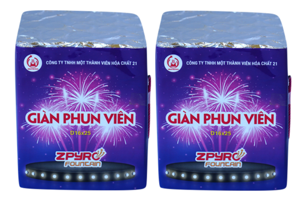 Giàn phun viên là một loại pháo hoa không gây tiếng nổ. Khi phát hỏa, một chùm viên cháy có nhiều màu sắc (đỏ, xanh lục, xanh lơ, vàng…). Ảnh: 21chemical.vn