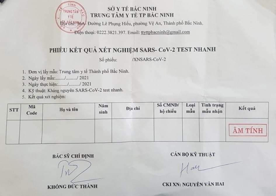 Giấy xét nghiệm có kết quả âm tính nhưng không có thông tin đối tượng được test nhanh. Giấy xét nghiệm có kết quả âm tính nhưng không có thông tin đối tượng được test nhanh.