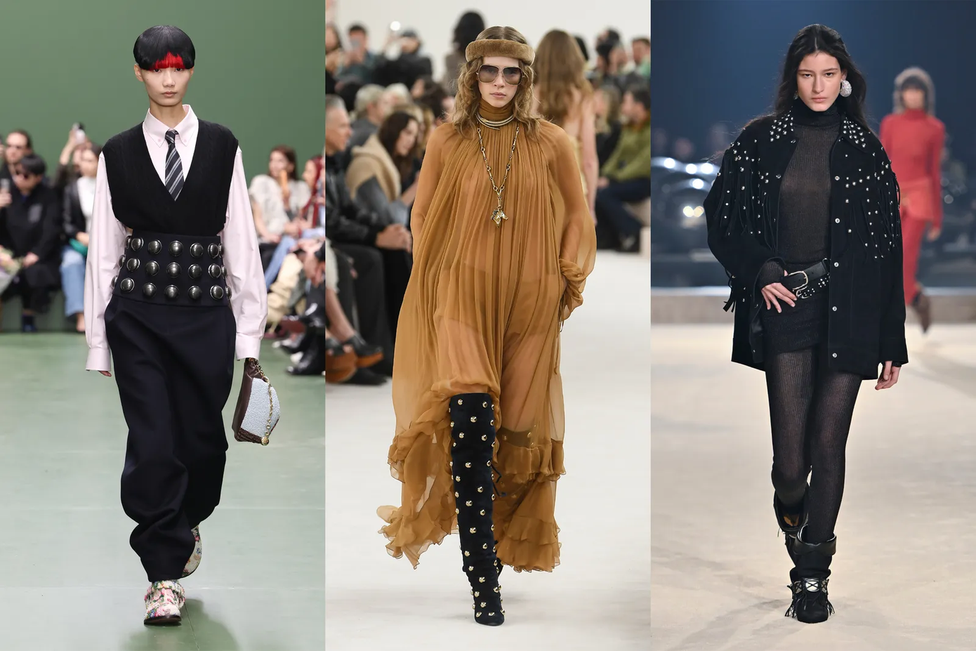 Đinh tán không chỉ được trang trí trên túi xách, thắt lưng, giày bốt, mà còn được đính trên quần áo và áo khoác trên sàn diễn của Loewe và Chloé.