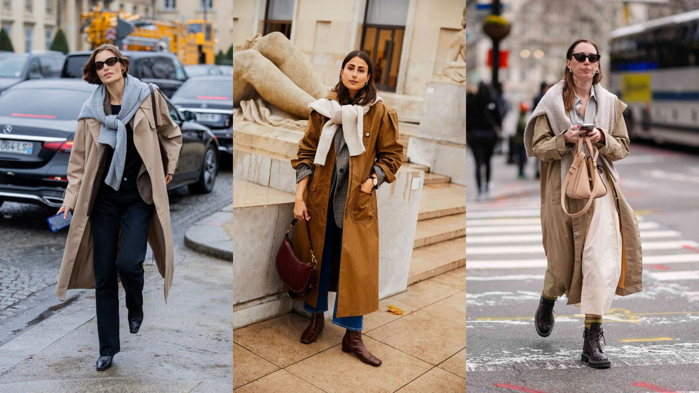 Chính sự tương phản về cấu trúc chất liệu giữa trench coat bằng vải gabardine và áo knit mềm mại đã tạo nên điểm thú vị cho tủ quần áo ngày Thu.