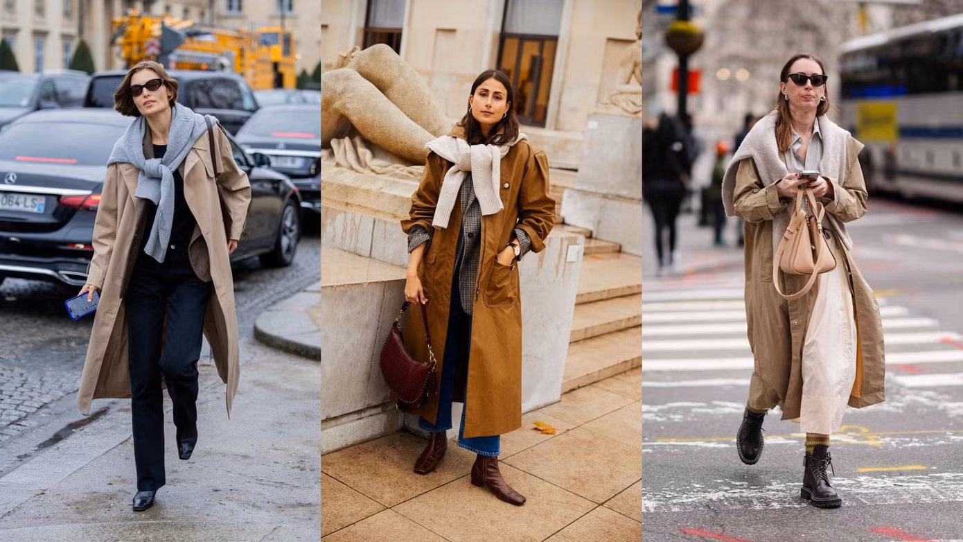 Chính sự tương phản về cấu trúc chất liệu giữa trench coat bằng vải gabardine và áo knit mềm mại đã tạo nên điểm thú vị cho tủ quần áo ngày Thu.