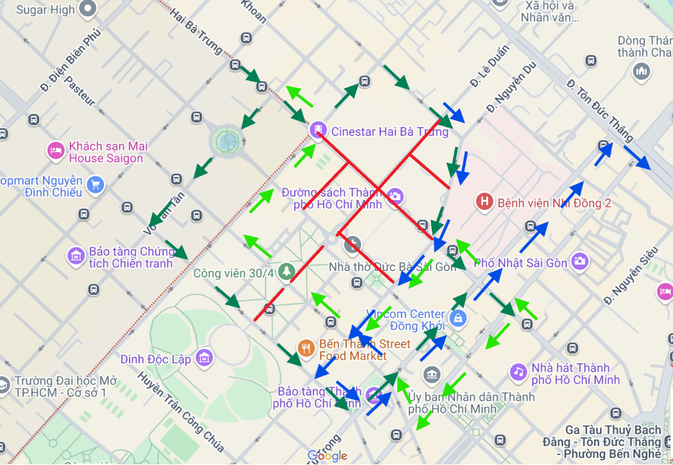 Những tuyến đường cấm lưu thông (màu đỏ) và lộ trình thay thế. Ảnh: Sở GTVT TPHCM