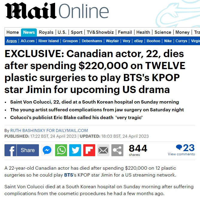 Bài đăng của Daily Mail về nam diễn viên Canada qua đời sau ca phẫu thuật thẩm Mỹ tại Hàn Quốc ngày 24/4. Ảnh: Twitter.